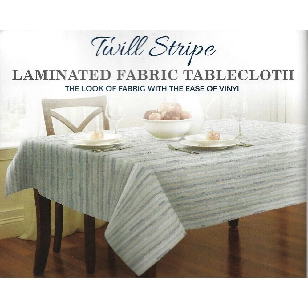 Twill Striped Laminated Fabric Dinner Table Tablecloth Oblong 60‎ x 104 Blue Tan